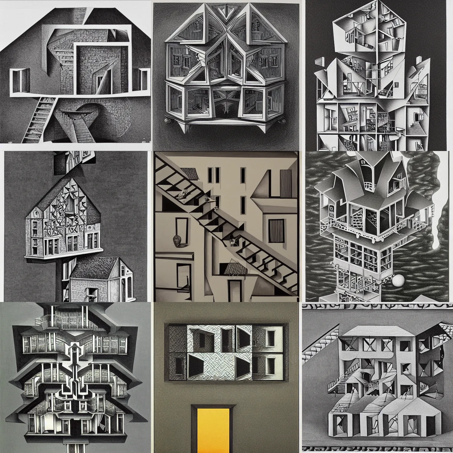 Prompt: impossible house by M.C. Escher, painting