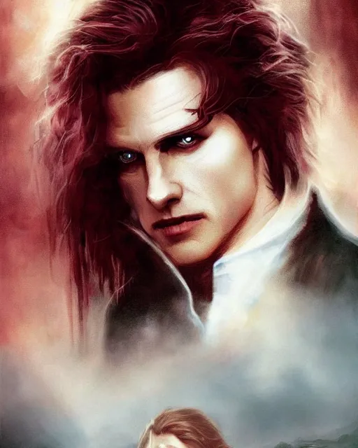 Image similar to alternate cover art for the movie interview with a vampire starring a long haired blonde tom cruise as lestat de lioncourt portrait, face centered portrait, confident, unused design, nightmare world, fog, rain, volumetric lighting, realistic illustration, perfectly shaded, soft painting, art by krenz cushart and wenjun lin