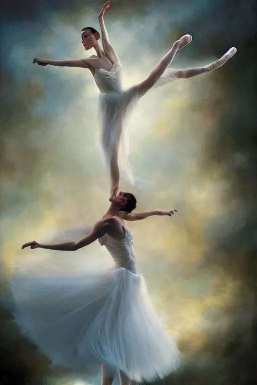 Prompt: prima ballerina dancing in the wind, beautiful face, ethereal, gorgeous, volumetric lighting, elegant, fluid, highly detailed, digital painting, concept art, highly detailed, illustration, limited color palette, atmosphere and tension, art by greg olsen and liz lemon swindle