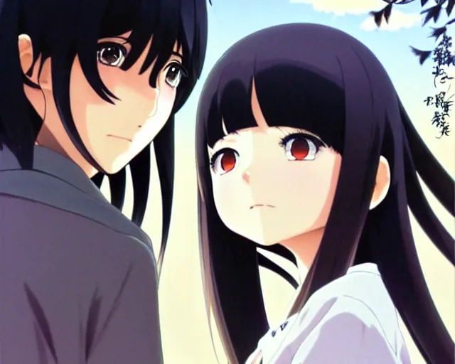 Image similar to beautiful anime girl with long black hair and bangs, beautiful anime guy with black hair, wearing black clothes, siblings, fine details portrait, japense village in background, bokeh. anime masterpiece by Studio Ghibli. illustration, sharp high-quality anime illustration in style of Ghibli, Ilya Kuvshinov, Artgerm