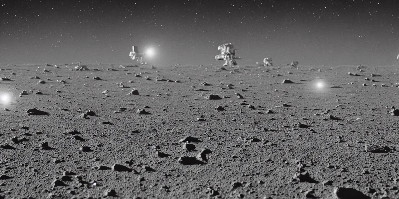 Prompt: closeup black and white photo from the surface of the moon, cinematic film still, glowing landing lights on spaceship, stars and space in the background,