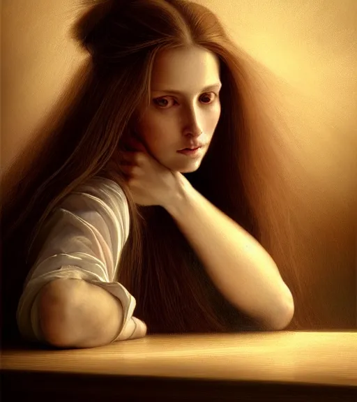 Prompt: portrait of a beautiful long - haired woman sitting upon a table with heightened detail, poised, intense emotion, detailed facial expression, detailed surroundings, intricate, elegant, highly detailed, centered, digital painting, artstation, concept art, smooth, sharp focus, illustration, by ( leonardo da vinci ), wlop