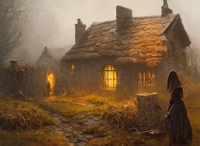 Image similar to the cottage of a Witch, scarecrow, a fantasy digital painting by Greg Rutkowski and James Gurney, trending on Artstation, highly detailed