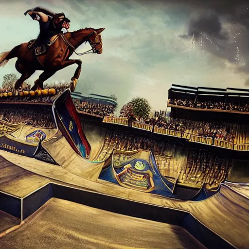 Image similar to roman horse-drawn chariot racer high jumping in a skate park half-pipe, video game cover, intense, high detail, crowd cheering, style of Tony Hawk