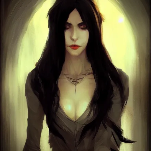 Image similar to female human vampire witch in the style of greg rutkowski, makoto shinkai, trending on artstation, character design, concept art, pretty face, highly detailed, long black hair, portrait, digital art