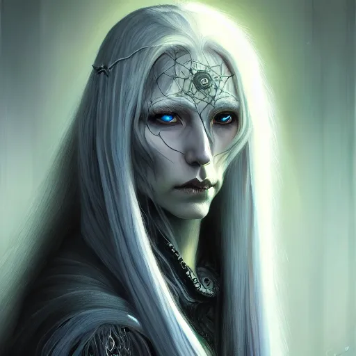 Prompt: portrait painting of a witch elf with long grey hair, sharp focus, award - winning, trending on artstation, masterpiece, highly detailed, intricate. art by seb mckinnon