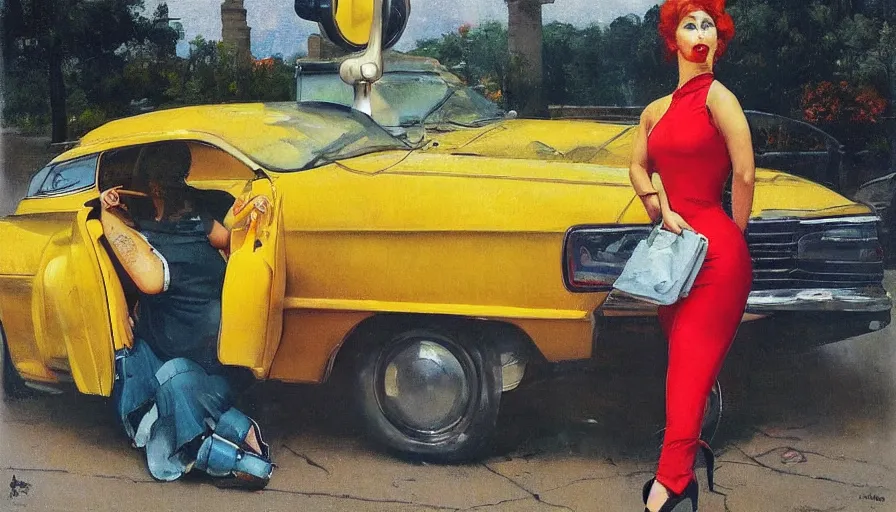 Image similar to a picture of a yellow-car parked next to a red-hydrant with a STYLISH! woman leaning against the car, BEUTIFUL!, surreal, in style of TOM BAGSHAW, painted by Norman Rockwell and Tom Lovell and Frank Schoonover