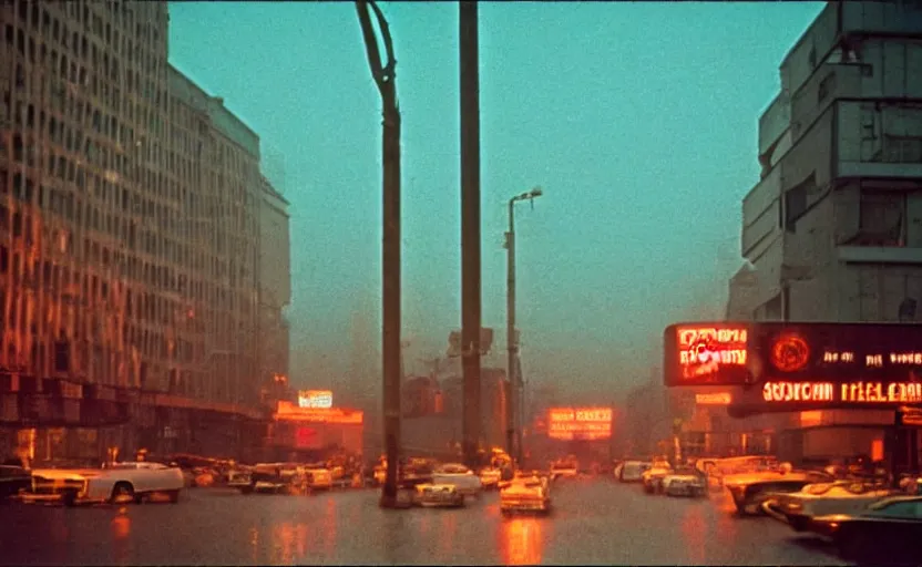 Image similar to 70s movie still of a sovietic street with pedestrians with soviet highrise in the backround , Cinestill 800t 18mm ektachrome color, heavy grainy picture, very detailed, high quality, 4k panoramic, HD criterion, dramatic lightning, neon billboards and streetlight at night, rain, mud, foggy