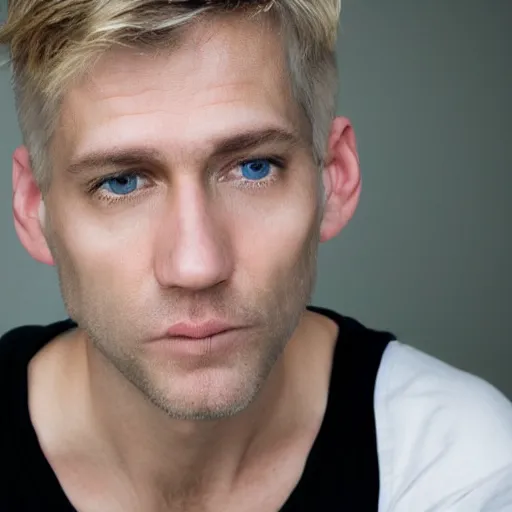 Image similar to color photograph of a 40 year old very handsome white skinny man with short, curly, blond hair and very small blue eyes, dressed in a white t shirt, gray shorts and black socks, with a small mole to the right of his very thin lips, with a straight nose and blond stubble, with a round face, and an earring in the left ear. He resembles a lion.