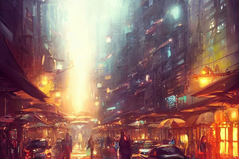 Image similar to a beautiful paiting of Night Life of downtown street by Ross Tran, dark ambient, beautiful, UHD, hyperrealism, Surreal and Fantasy Art, absurdist