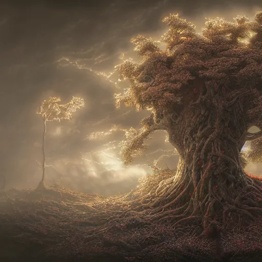 Prompt: Photorealistic tree of evil in the style of Michael Whelan and Gustave Dore. Hyperdetailed photorealism, 108 megapixels, amazing depth, glowing rich colors, powerful imagery, psychedelic Overtones, 3D finalrender, 3d shading, cinematic lighting, artstation concept art