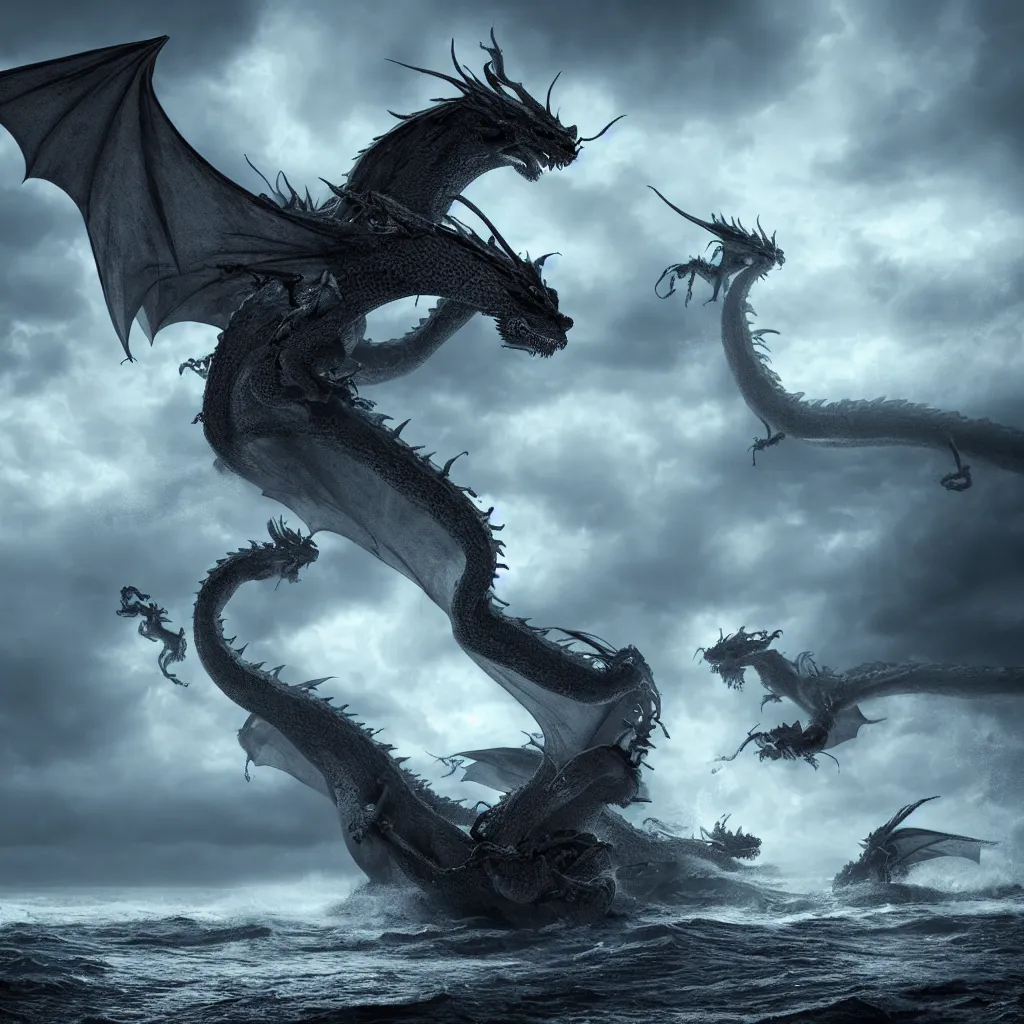 Image similar to a dragon with three heads emerging from the ocean during a storm, dramatic lighting, cinematic, high coherence, hyperrealistic, anatomically correct, path traced, highly detailed, high quality, 8 k hdr, octane render, unreal engine 5, trending on artstation, epic image, turbulent sea, concept art, digital art