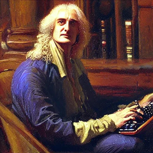 Image similar to portrait of isaac newton holding a 1 9 8 5's computer case, artwork by gaston bussiere, craig mullins, trending on artstation