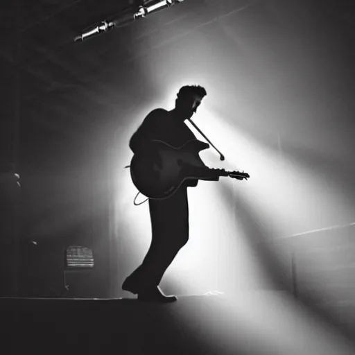 Image similar to a still of Elvis silhouette backstage waiting to play. God rays through, fog.