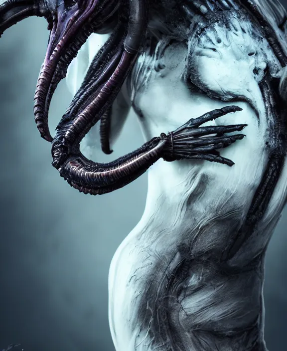 Image similar to xenomorph hugging pale sad beauty merging, dark mist colors, giger background liminal void, digital art, cinematic lighting, realistic, award winning photograph, various refining methods, micro macro autofocus