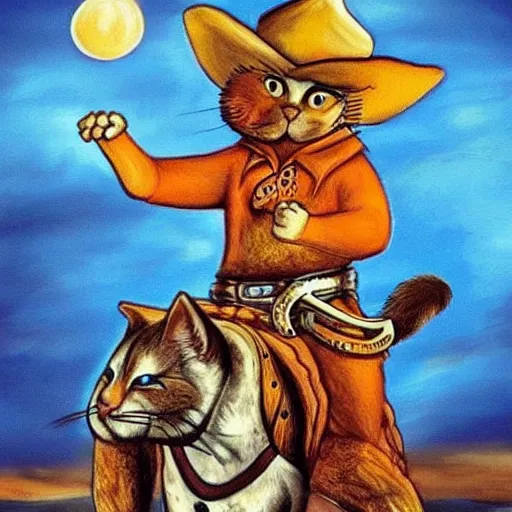 Image similar to a cowboy riding a giant cat, color, surreal