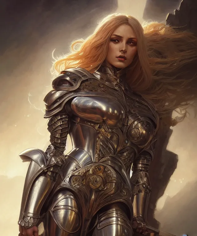 Image similar to Muscular and powerful medieval knight woman portrait, sci-fi, amber eyes, face, long hair, fantasy, intricate, elegant, highly detailed, digital painting, artstation, concept art, smooth, sharp focus, illustration, art by artgerm and greg rutkowski and alphonse mucha