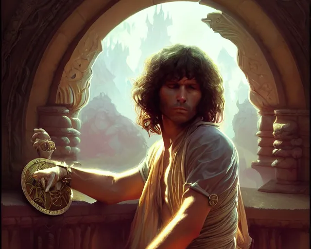 Prompt: jim morrison, 8 k, deep focus, d & d, fantasy, intricate, elegant, highly detailed, digital painting, artstation, concept art, matte, sharp focus, illustration, hearthstone, art by artgerm and greg rutkowski and alphonse mucha