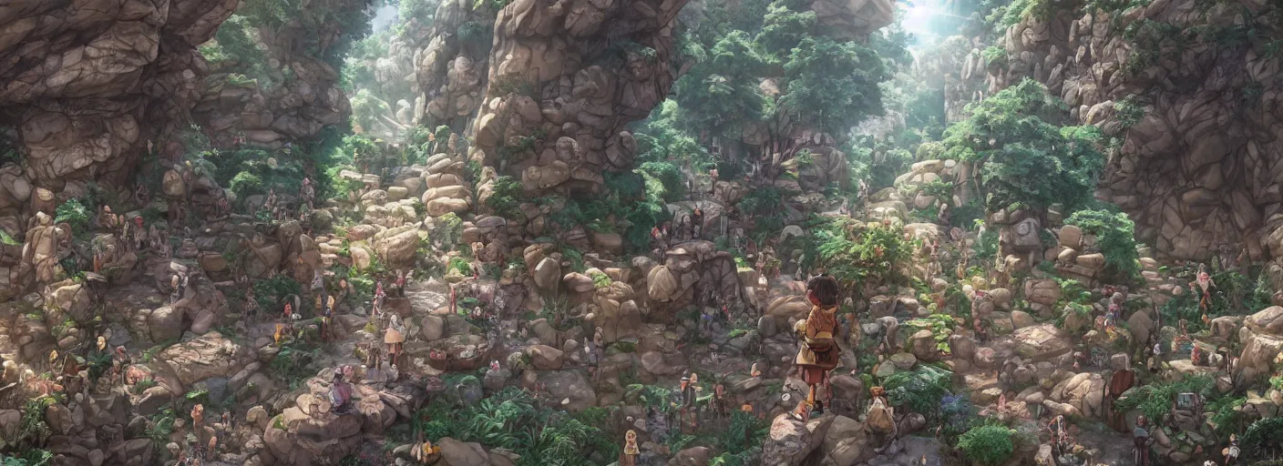 Image similar to standing and waiting just means we'll be showered by more boulders. get ready on the double! hyperrealistic anime illustration by iralki nadar, extremely detailed, intricate linework, super sharp focus, bright colors, octopath traveler, studio ghibli, unreal engine 5 highly rendered, global illumination, radiant light, detailed and intricate environment