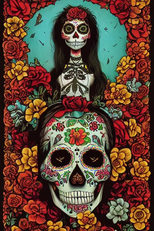 Prompt: Illustration of a sugar skull day of the dead girl, art by Michael Hutter