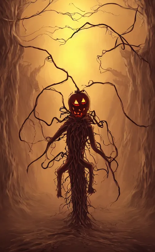 Image similar to fantasy monster concept art, a jack o lantern monster with vines for a body walking down a street of nightmares, dynamic lighting, photorealistic, trending on art station, stunning visuals, creative, cinematic, ultra detailed, atmospherical, ambient lighting, scary art, eery art