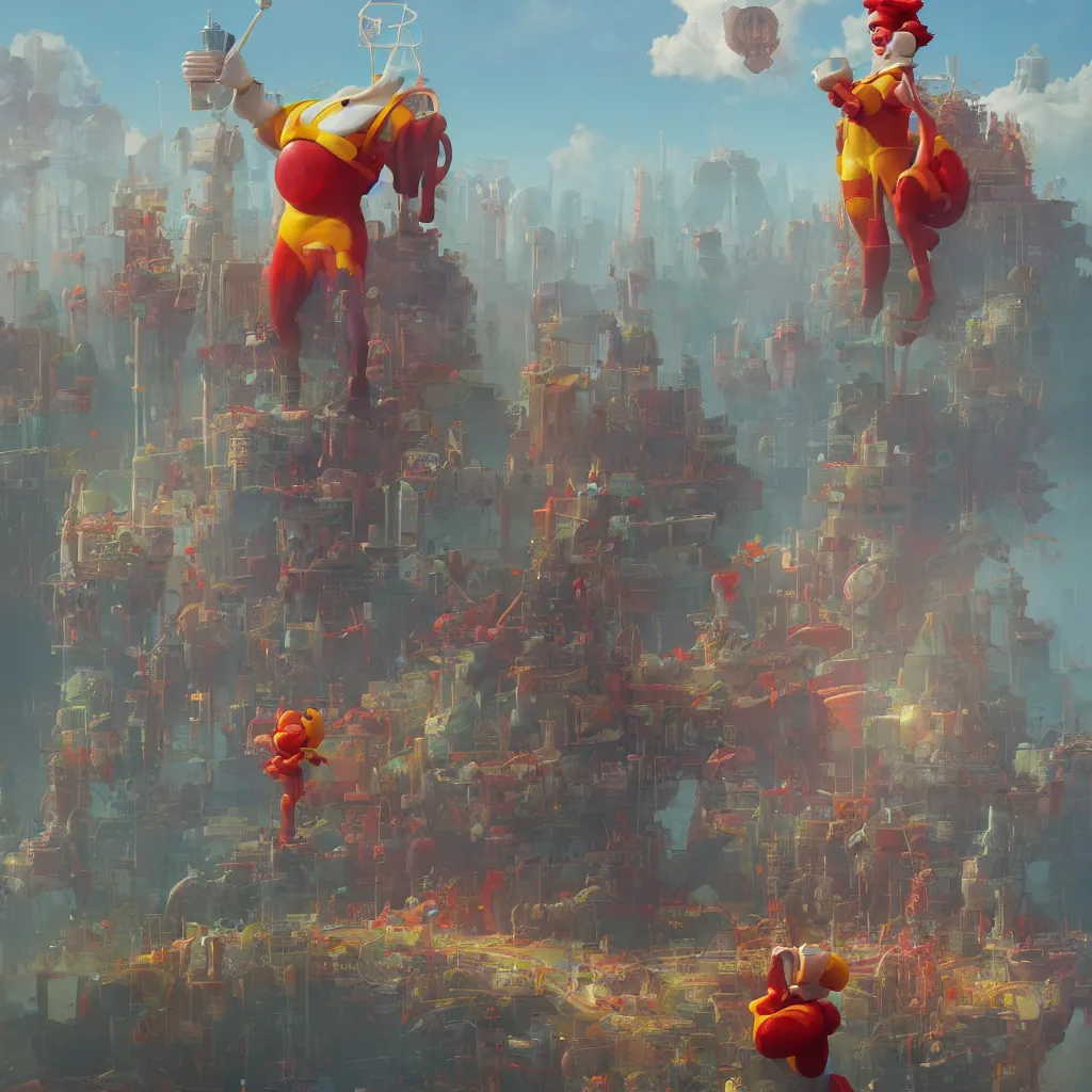 Image similar to ronald mcdonald statue in the world by beeple, darek zabrocki, tyler edlin, jordan grimmer, neil blevins, james paick, natasha tan, highly detailed, ultra detailed, ultra realistic, trending on artstation