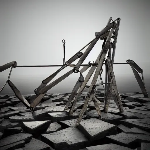 Image similar to slanted scaffolding sculpture made with rocks, woods, steel and metal, construction materials, macro details, photorealistic, cinematic light, high octane, higly detailed, minimalist, made with unreal engine, cgsociety, by yves tanguy, by nate boyce, by david smith