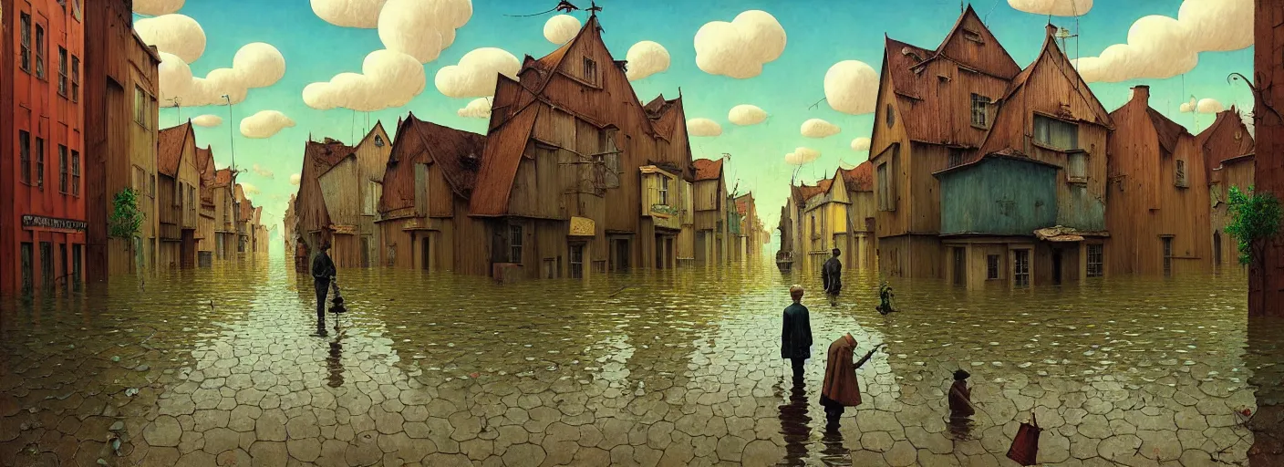 Image similar to flooded! old wooden empty cursed city street, very coherent and colorful high contrast masterpiece by gediminas pranckevicius rene magritte norman rockwell franz sedlacek, full - length view, dark shadows, sunny day, hard lighting, reference sheet white background