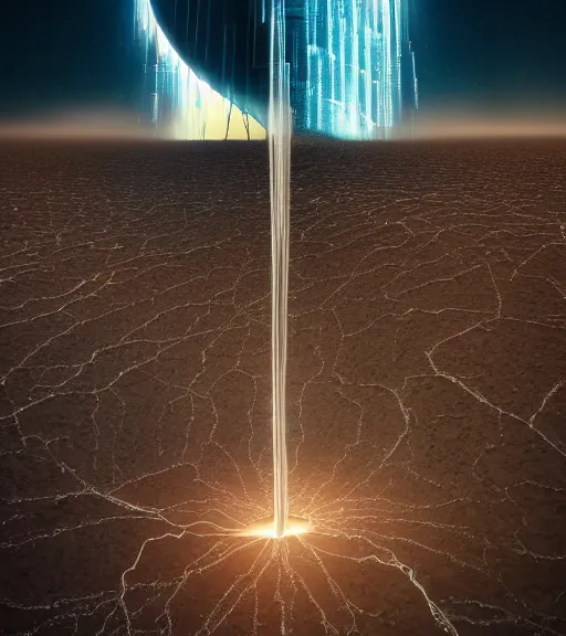 Image similar to electricity solution surreal neuron city tower, breaking the waves, made of crystalized synapse, aerial iridecent veins, moonbow, in the desert, foggy sky, dark starry night, octane render, unreal engine, pale colors, high detail, 8 k, wide angle, trending on artstation, behance