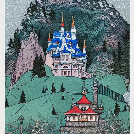 Image similar to detailed ivan bilibin and edmund dulac and ilya kuvshinov and katsuhiro otomo inspired print of a castle in winter