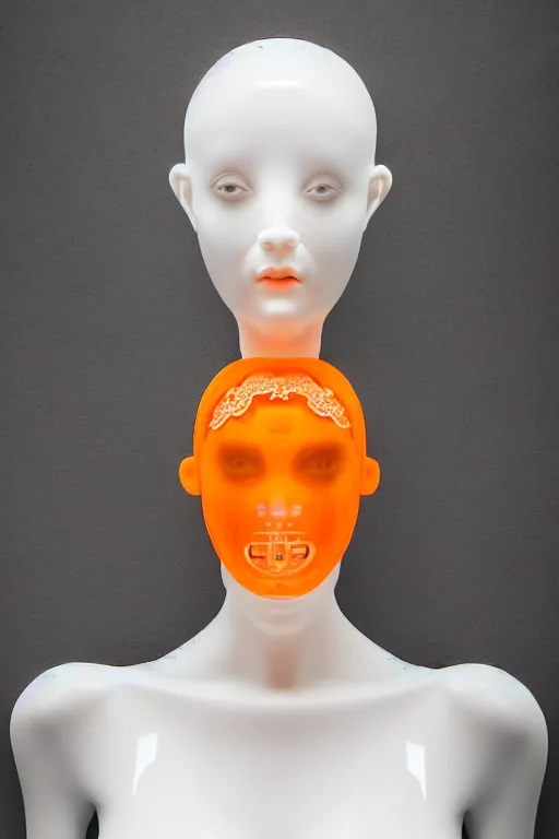 Image similar to symmetrical portrait of a woman wearing an orange embroidered translucent silicone mask and black frizzy hair buns, wearing a white bodysuit by alexander mcqueen, white background, soft diffused light, biotechnology, humanoide robot, futuristic aesthetic, translucent, ethereal, intricate details, highly detailed, masterpiece,