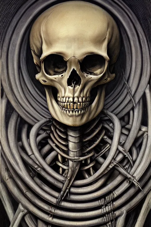 Prompt: an extremely high quality hd a painting of a skeleton with a halo around it's head, poster art by hans ruedi giger, behance contest winner, vanitas, apocalypse art, cosmic horror, darksynth, 8 k, ultra realistic, very realistic