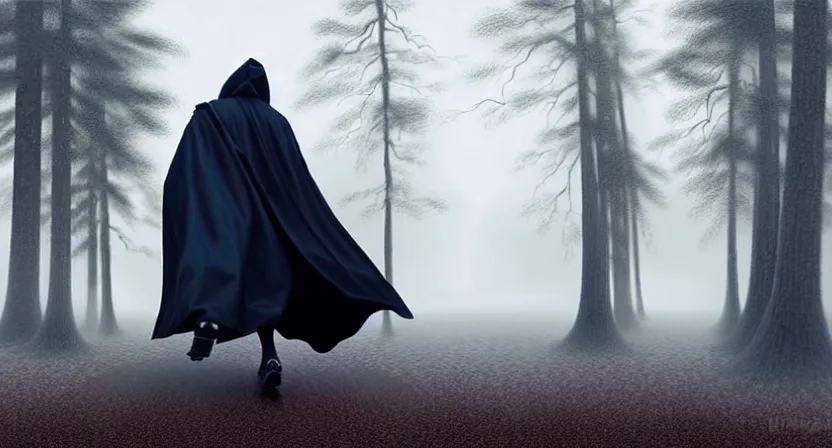 Image similar to handsome mage running away from giant tree, black hair wearing square hooded gothic navy cloak with gold details, misty forest, movie action still frame, ultra wide horizon, intricate, elegant, highly detailed, hyperrealism, digital painting, concept art, smooth, sharp, focus, illustration, art by artgerm, greg rutkowski, ilya kuvshinov