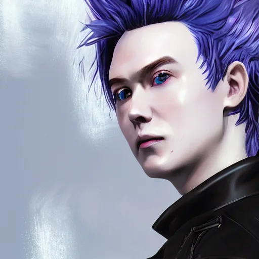 Prompt: rimuru tempest as ilya kovshinov, highly detailed, professional digital painting, concept art, extreme illustration, unreal engine 5, photorealism, hd quality, 8 k, black jacket with high collar, cinematic, art by andy warhol, artgerm, yoshitaka amano, color block