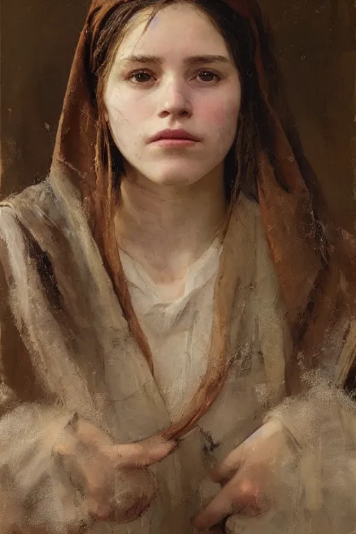 Prompt: Richard Schmid and Jeremy Lipking and Antonio Rotta full length portrait painting of a young beautiful traditonal bible character Mary Magdalene woman