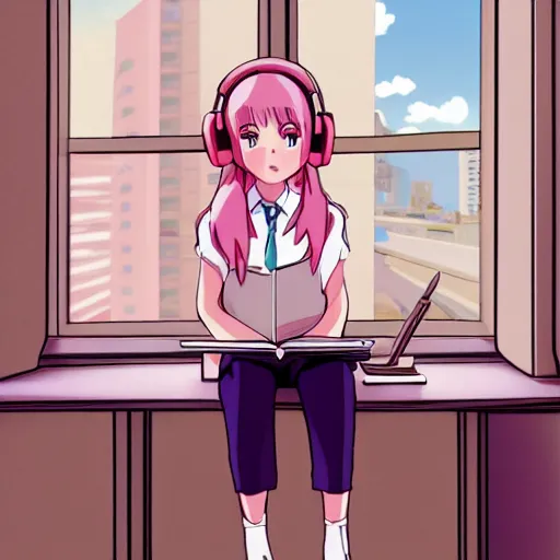 Image similar to high definition anime portrait of a pink haired anime schoolgirl sitting at a desk studying with headphones on, background is a window looking out into a busy tokyo district, lo-fi art, by Studio Ghibli, trending on artstation, sharp high quality anime, digital art, photoshop, proportionate