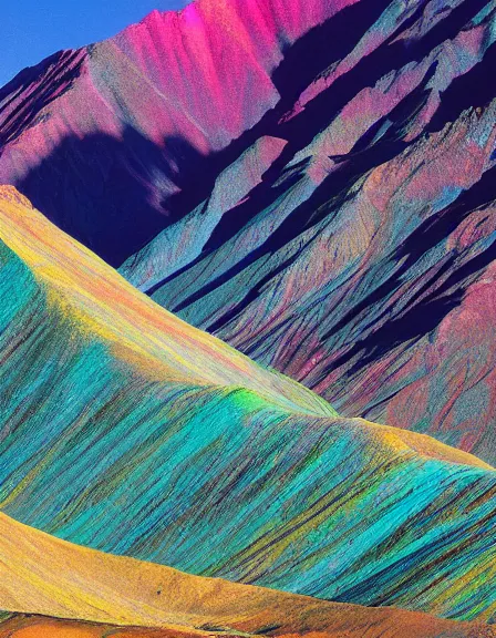 Prompt: vintage color photo of Cordillera De Los Andes covered in multicolor fluid reflecting light, 8k definition