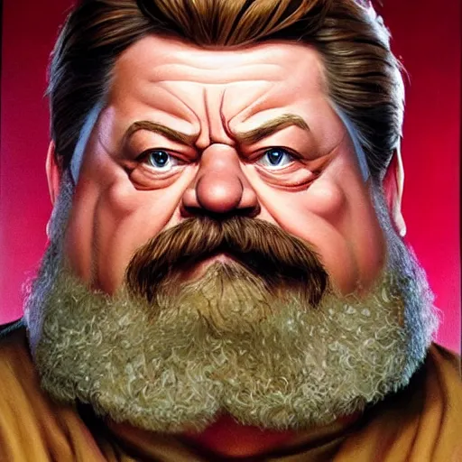 Image similar to a hyperrealistic painting of a dwarven cleric that looks like ron swanson looking stoicly to the right, golden hour, alex ross