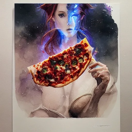 Prompt: nebula pizza, watercolor intricate line drawings, by Yoshitaka Amano, Ruan Jia, Kentaro Miura, Artgerm, detailed, trending on artstation, hd, masterpiece,