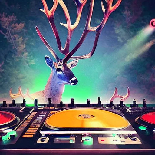 Prompt: “a crowded chukcha rave detailed photo with a deer playing tracks on the turntables in tundra, matte painting”