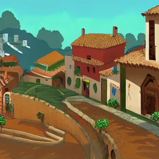 Image similar to A Spanish village. 2D videogame, Side Scrolling, Seamless, Parallax.