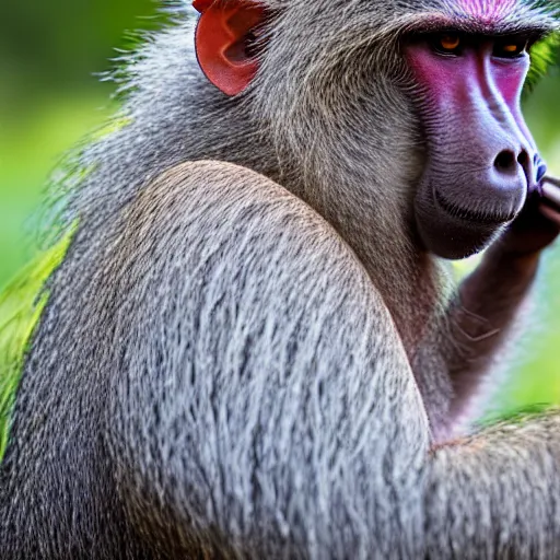 Prompt: baboon facing away from camera holding an umbrella, detailed, clean, realistic