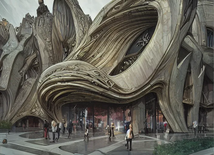 Image similar to mercedes exhibition center exterior designed by antoni gaudi, and concept art by artgerm, greg rutkowski, alphonse mucha