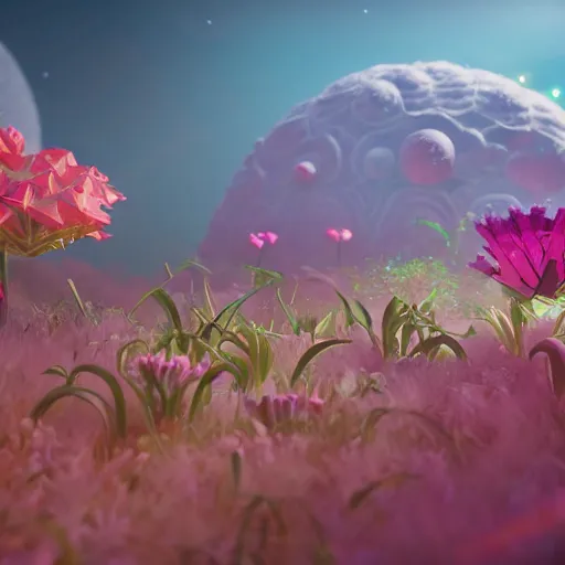 Image similar to an epic flowering alien landscape in the style of origami, 8 k, cinematic light, artstation