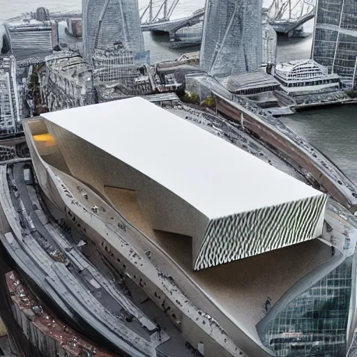 Image similar to a incredible cutting edge new building on the London waterfront designed by bjarke ingels, photo by Annie Leibovitz