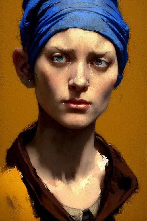 Image similar to full character portrait not the girl with the pearl earring in the style of half - life 2 team fortress 2 scout video game character art character design, painting by gaston bussiere, katsuya terada, nc wyeth, greg rutkowski, craig mullins, vermeer, frank frazetta, mucha, tom of finland, trending on artstation, jeffery catherine jones