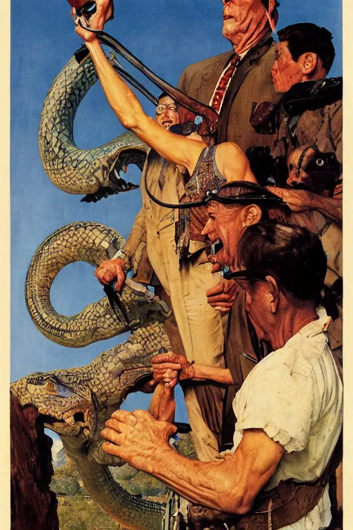 Prompt: giant serpent with human head, norman rockwell, jacob collins, tom lovell, frank schoonover, james gurney