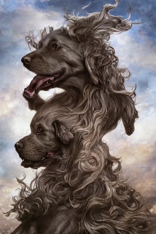 Image similar to Dog as a god, detailed face, gorgeous, amazing, flowing hair, very muscular male body, partial anatomy, stormy background, crepuscular ray, intricate, highly detailed, 8K, digital painting, fantasy, artstation, concept art, sharp focus, over-shoulder shot, illustration, art by Wayne Barlowe, hajime Sorayama alphonse mucha