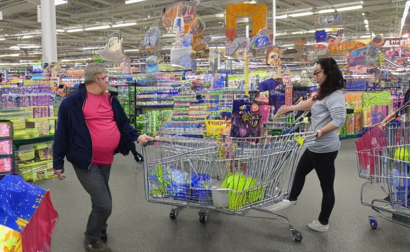 Image similar to blursed and glitched people shopping at walmart