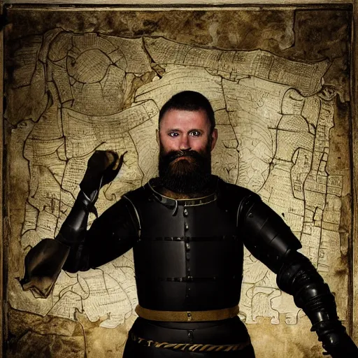 Image similar to Closeup of frustrated male medieval sergeant with a {short} beard wearing a {black!!!! and yellow tabard} over a steel breastplate and a black gambeson looking up from a map on a table, intricate, dramatic lighting illustration by Greg Rutkowski, {perfect face}, {perfect eyes}, fantasy